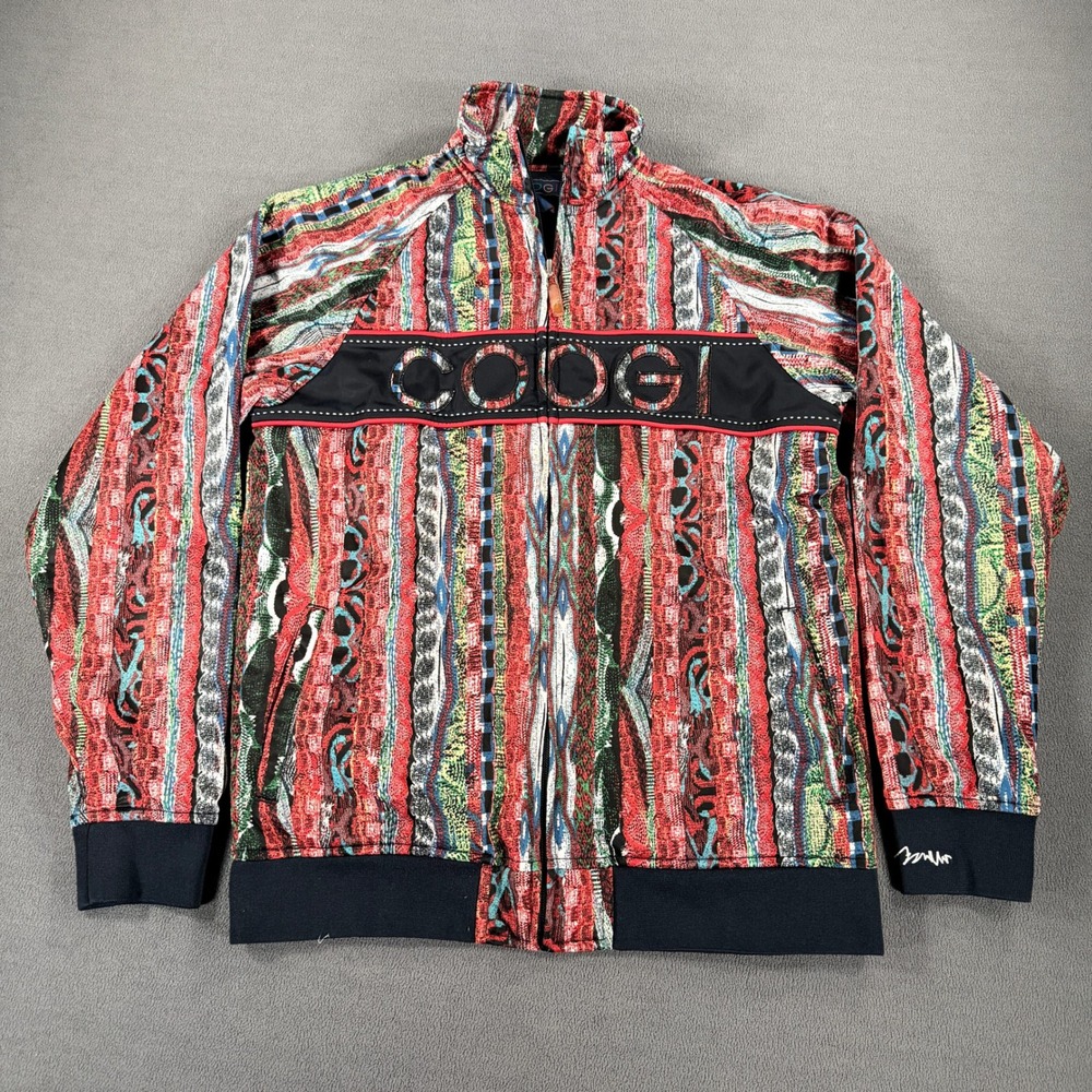 COOGI Mens Large Track Jacket Multi-Color 3D Knit Pattern Full Zip Logo Y2K